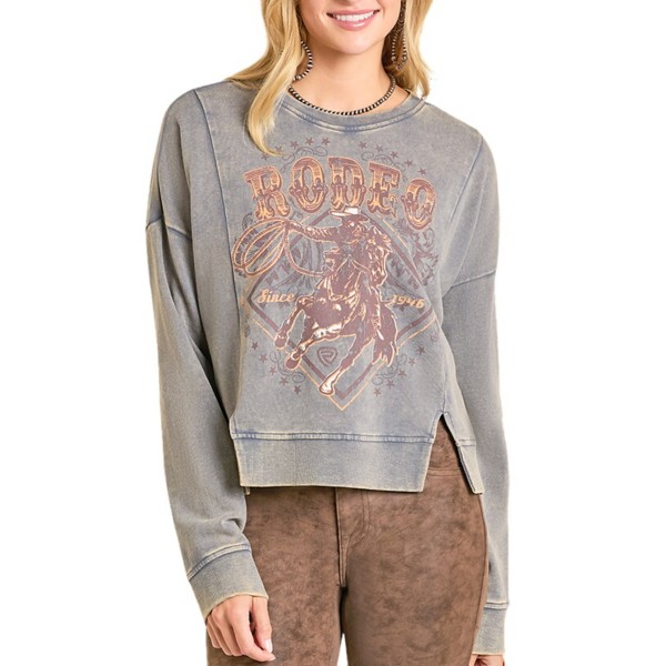Women's Rock & Roll Denim Rodeo Graphic Print Crewneck Sweatshirt Medium Grey Heather