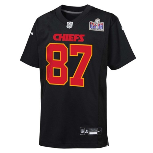 Youth Nike Travis Kelce Black Kansas City Chiefs Super Bowl LVIII Patch Carbon Fashion Game Jersey