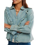 Women's Free People We The Free Tattered And Ruffled Denim Long Sleeve Shirt - Thumbnail 4 of 4