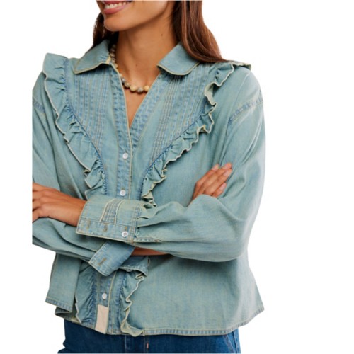 Women's Free People We The Free Tattered And Ruffled Denim Long Sleeve Shirt - Primary Image