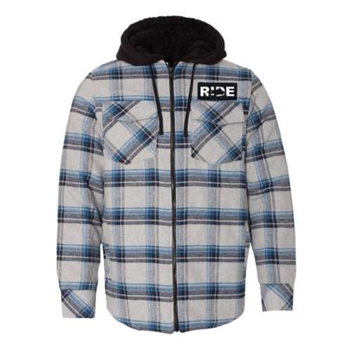 Men's Ride Brand Snowmobile Logo Full Zip Patch Flannel Jacket Long Sleeve Hooded T-Shirt