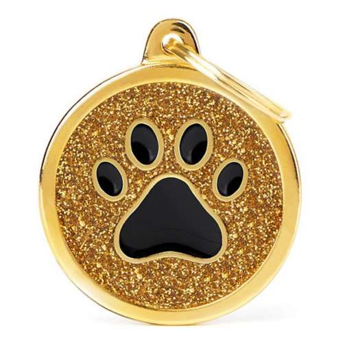 My Family Gold Circle Black Paw ID Dog Tag
