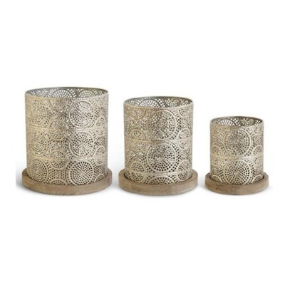 K&K Interiors Champagne Punched Metal Nesting Baskets w/Wood Base