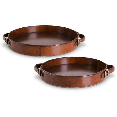 K&K Interiors Round Tan Leather Tray w/Brass Buckle Accent Handles