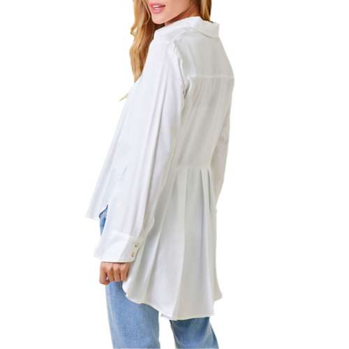 Women's Mystree Peplum Satin Long Sleeve Button Up Shirt