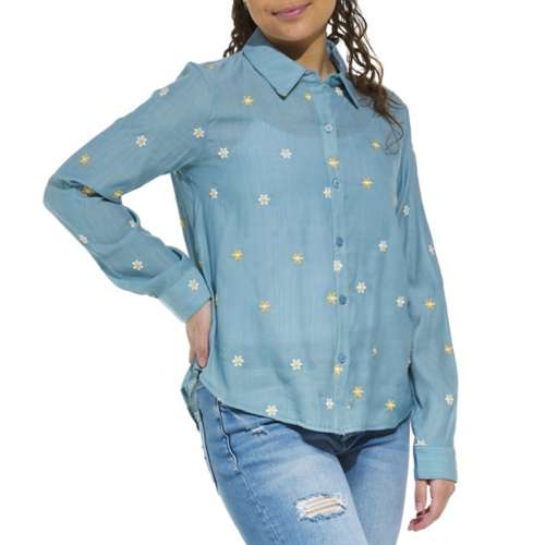 Women's Hem & Thread Floral Embroidered Long Sleeve Shirt