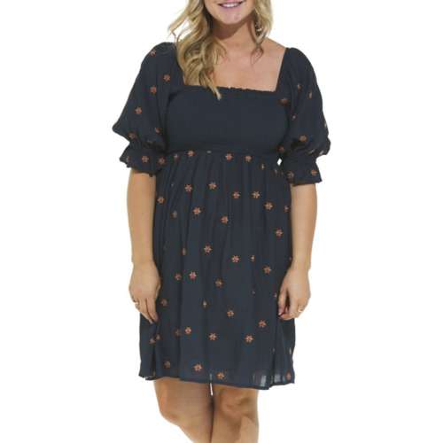 Women's Hem & Thread Embroidered Daisy Square Neck Babydoll Dress ...