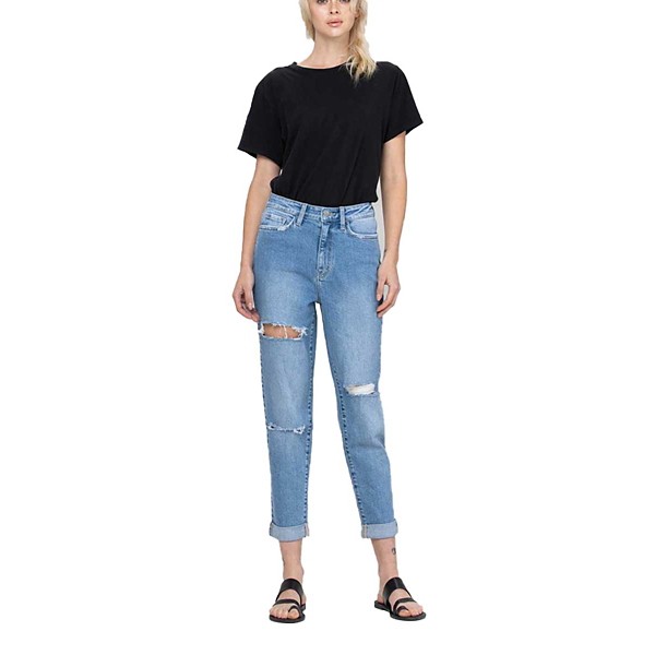 Women's Flying Monkey Soft Fade Distressed Rolled Cuff Relaxed Fit Mom Jeans product image