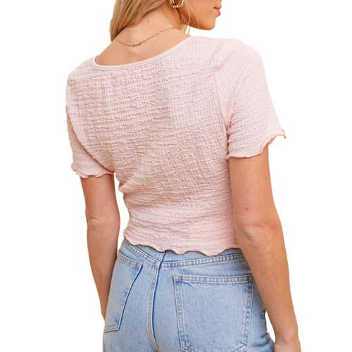 Women's Hem & Thread Textured Scoop Neck Button Up Shirt