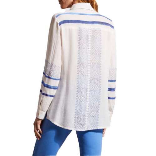 Women's Tribal Printe Cotton Embroidered Long Sleeve Button Up Shirt