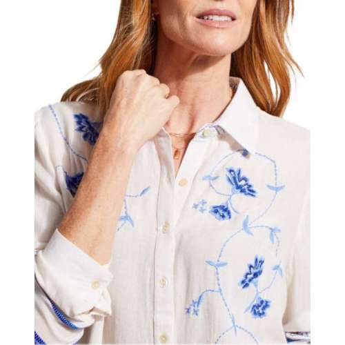 Women's Tribal Printe Cotton Embroidered Long Sleeve Button Up Shirt