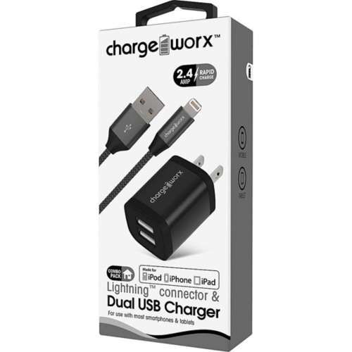 Chargeworx 2.4A Dual USB Metal Wall Charger & Lightning Cable