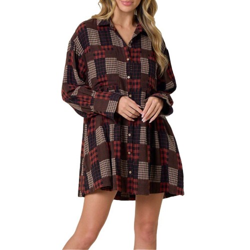 ワンピース Checkered Pleats Long Shirt Dress オンライン ショッピングファッション - Checkered Pleats Long Shirt