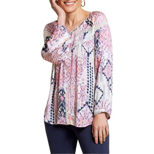 Women's Tribal Button Front 3/4 Sleeve Scoop Neck Blouse