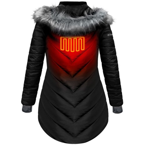 ActionHeat 5V Battery Heated Long Puffer Jacket with Fur Hood Women s Black XL