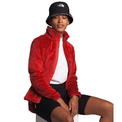 red fuzzy north face jacket