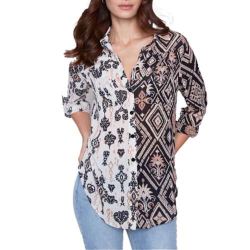 Women's Charlie B Printed Crinkle Georgette Long Sleeve Button Up Shirt