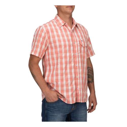 L NEW Simms Men's Big Sky SS Shirt Buton Up Orange Plaid Size S M 