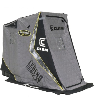 CLAM 14471 Portable 4 to 6 Person 9 Foot Jason Mitchell X5000 Ice Fishing  Angler Thermal Hub Shelter Tent with Anchors, Tie Ropes, and Carrying Bag