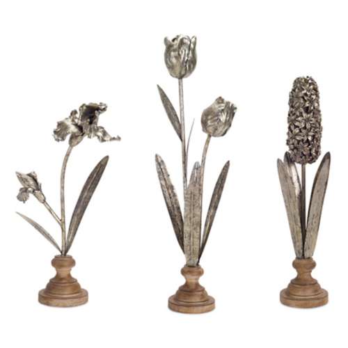 Melrose International Metal Floral Stem Sculpture with Wood Style Base (Set of 3)