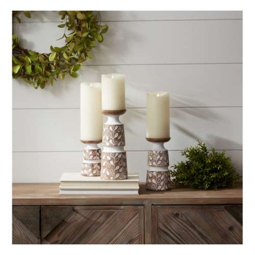 Melrose International Leaf Pattern Candle Holder with Wood Design (Set of 3)