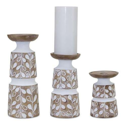 Melrose International Leaf Pattern Candle Holder with Wood Design (Set of 3)