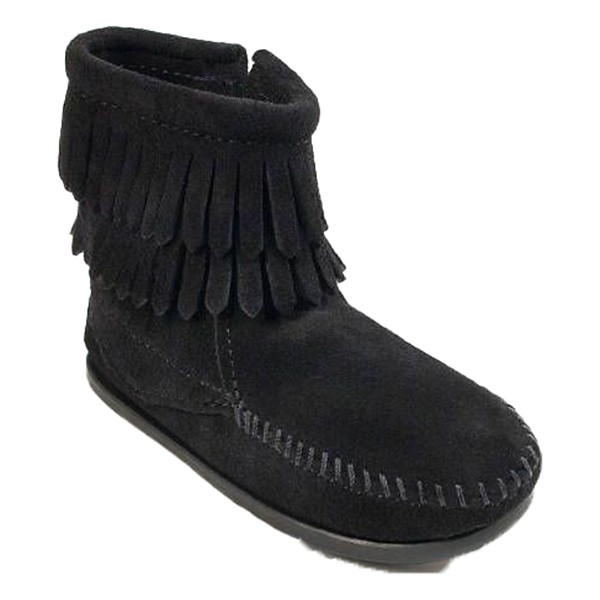 Minnetonka Double Fringe Side Zip Western Boots Toddler 8T Black