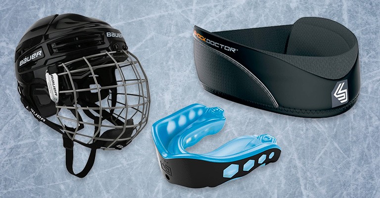 a hockey helmet, mouthguard, and neck guard for hockey