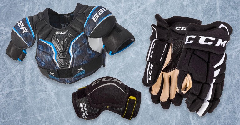 shoulder pads, elbow pads, and gloves for hockey