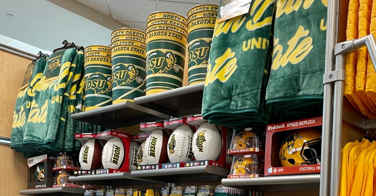 ndsu fan accessories on a shelf