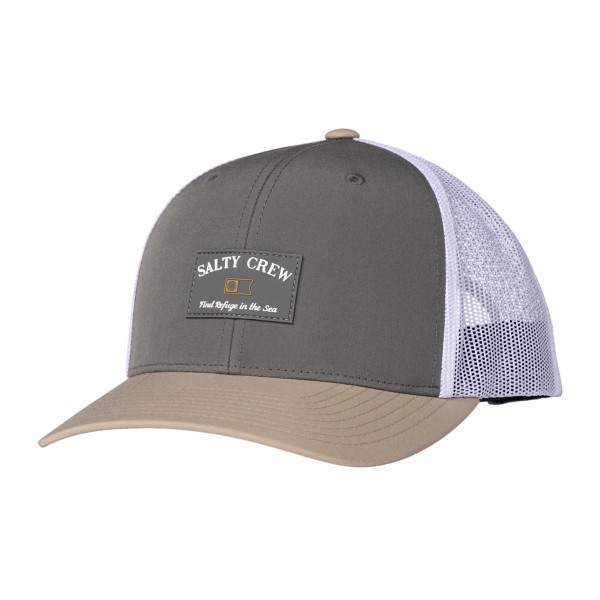 Men's Salty Crew Steadfast Retro Trucker Snapback Hat One Size Grey Tan