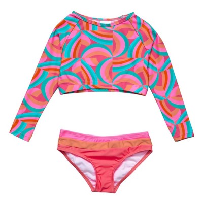 Girls' Snapper Rock Geo Melon Sustainable Crop Long Sleeve Swim Set