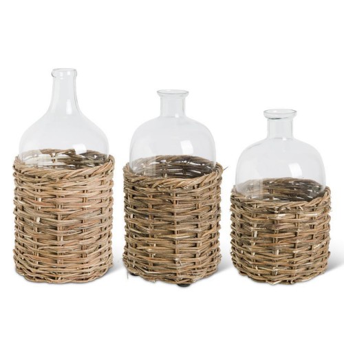 K&K Interiors Clear Glass Bottle in Woven Rattan Basket - Primary Image