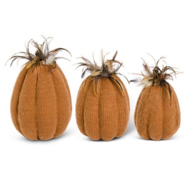 K&K Interiors Orange Knit Pumpkin w/Wood Stem & Feathers