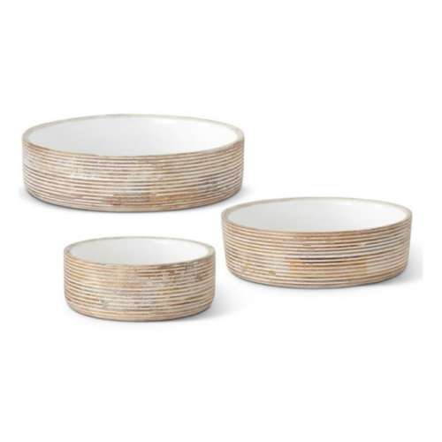K&K Interiors Ribbed Whitewashed Mango Wood Bowls With White Enamel Centers