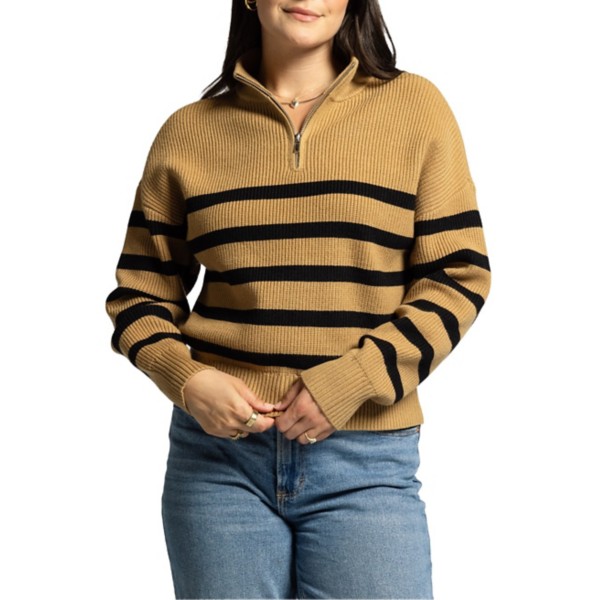 Women's Thread & Supply 1/4 Zip Sweater Russell Small Camel Black Stripe