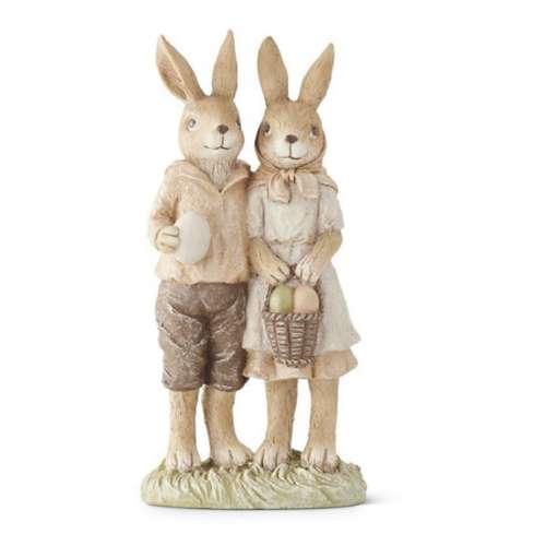 K&K Interiors 11.75in Resin Boy and Girl Bunnies Holding Eggs