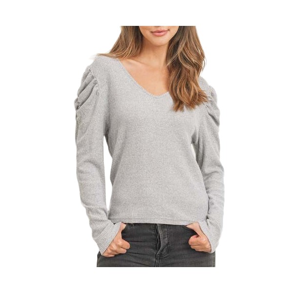 Women's Paper Crane Ruched Shoulder Brushed Hacci Rib Long Sleeve Top product image