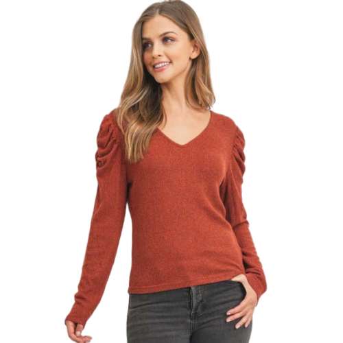 Women's Paper Crane Ruched Shoulder Brushed Hacci Rib Long Sleeve Top