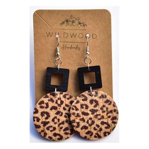 Wildwood Handmades Leopard Cork with Black Wood Square Earrings