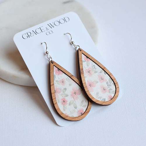 Grace & Wood Co. Peach Peony Wood + Teardrop Earrings