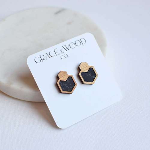 Grace & Wood Co. Black Wood + Hexagon Stud Earrings