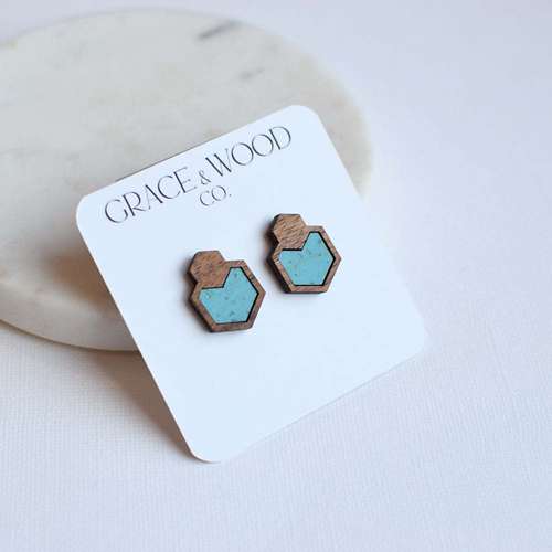 Grace & Wood Co. Sky Blue Wood + Hexagon Stud Earrings