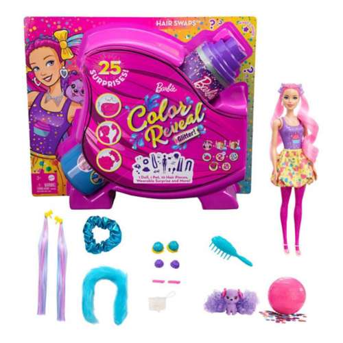 Barbie Color Reveal Glitter Hair Swaps Doll and 25 Surprises Set