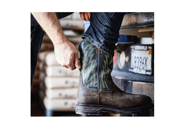 A man putting on his work boots. 