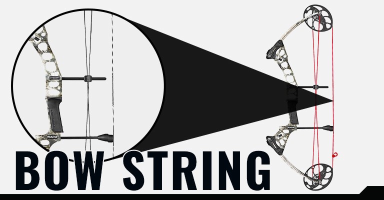 Image of a an arrow pointing to the bow string on a compound bow 