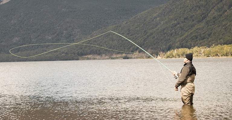 An angler using a fly line for fly fishing