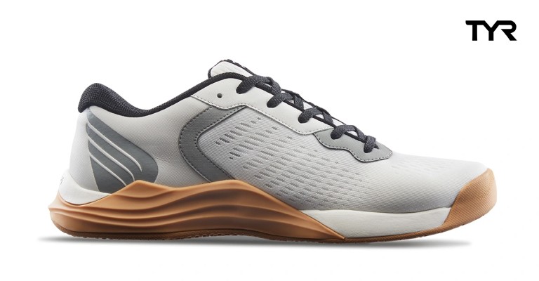 grey and white and brown tyr training shoes