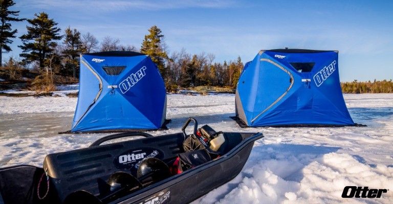 two hub shelters set up on the ice 