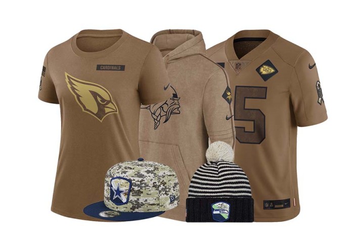 Lineup of the 2023 Salute to service merchandise. Shirt, Polo, Jersey, and Hats.